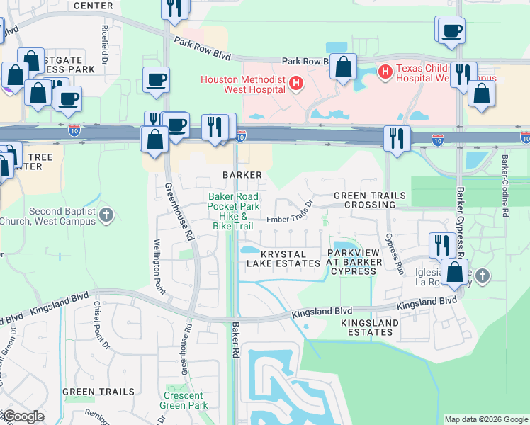 map of restaurants, bars, coffee shops, grocery stores, and more near 223 Wild Oak Run in Houston
