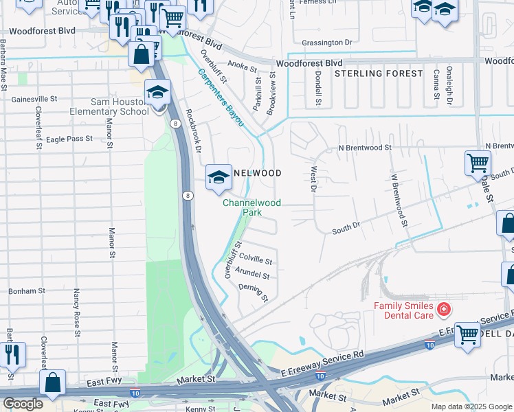 map of restaurants, bars, coffee shops, grocery stores, and more near 14902 Woodford Drive in Channelview