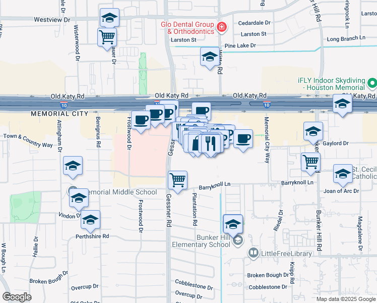 map of restaurants, bars, coffee shops, grocery stores, and more near 303 Memorial City Mall in Houston