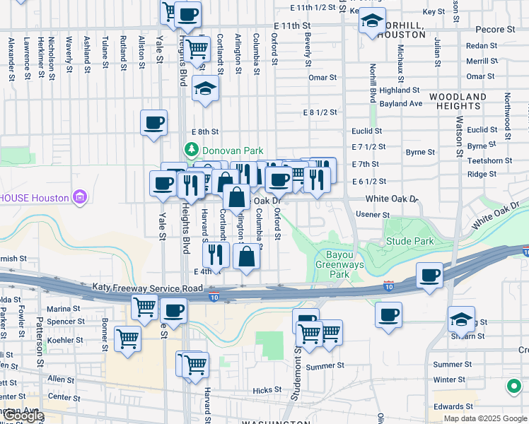 map of restaurants, bars, coffee shops, grocery stores, and more near 536 Columbia Street in Houston