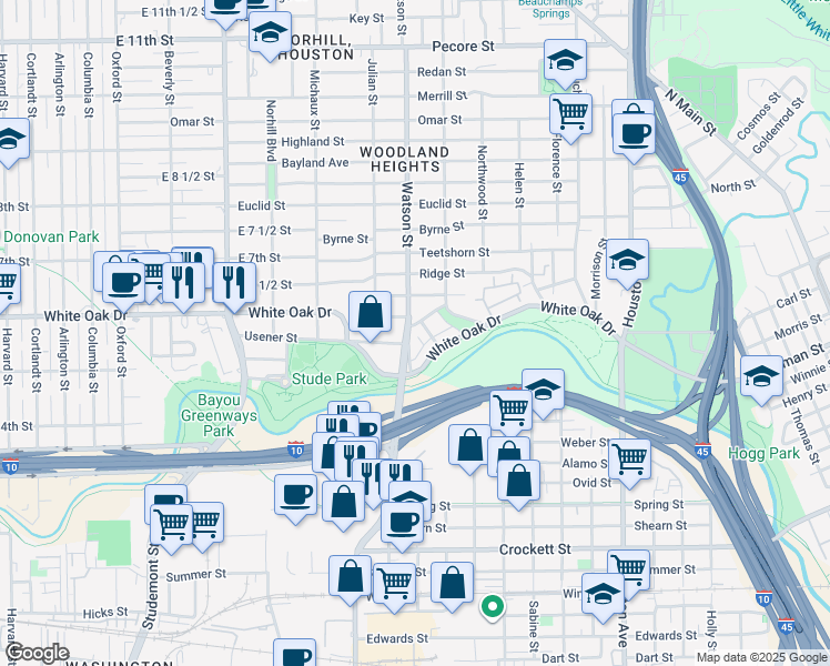 map of restaurants, bars, coffee shops, grocery stores, and more near 736 Usener Street in Houston