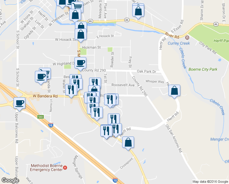 map of restaurants, bars, coffee shops, grocery stores, and more near 216 2nd St in Boerne