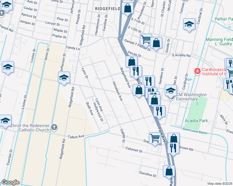 map of restaurants, bars, coffee shops, grocery stores, and more near 22 Plantation Road in Thibodaux