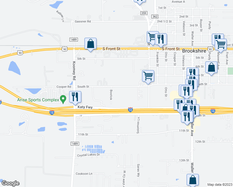 map of restaurants, bars, coffee shops, grocery stores, and more near 4747 South Street in Brookshire