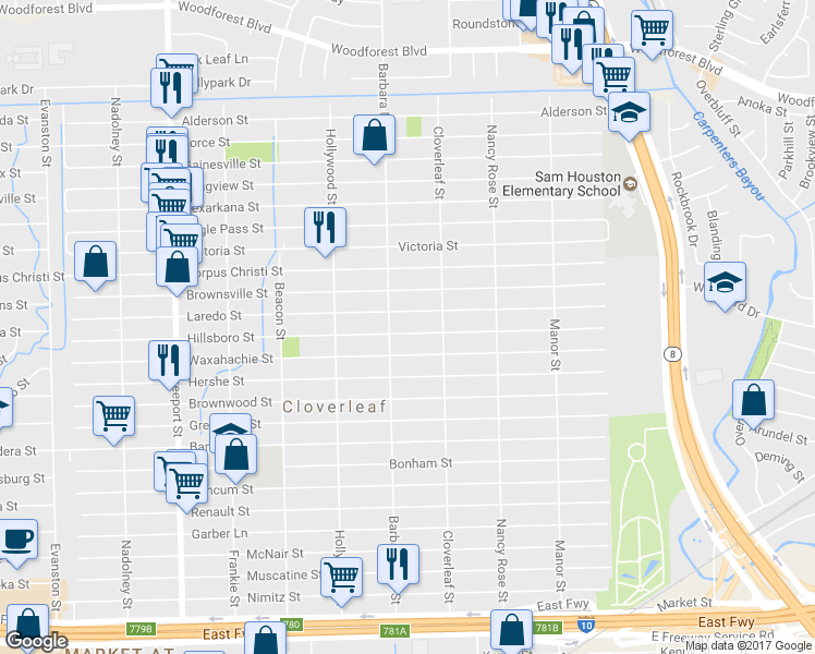 map of restaurants, bars, coffee shops, grocery stores, and more near 14319 Hillsboro Street in Houston