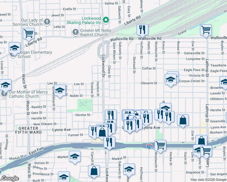 map of restaurants, bars, coffee shops, grocery stores, and more near 5614 Nichols Street in Houston