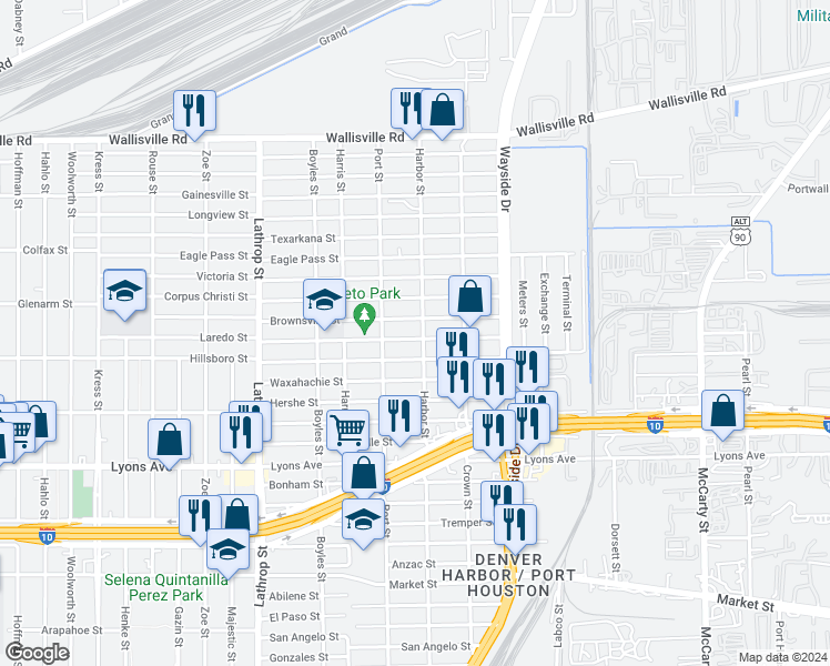 map of restaurants, bars, coffee shops, grocery stores, and more near 7333 Laredo St in Houston
