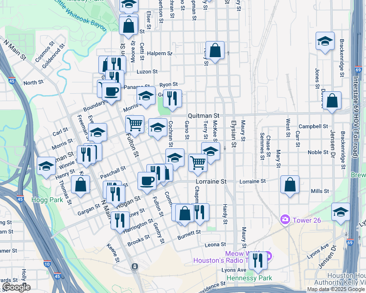 map of restaurants, bars, coffee shops, grocery stores, and more near 2107 Gano St in Houston
