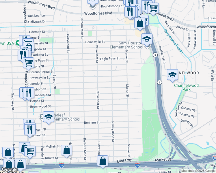 map of restaurants, bars, coffee shops, grocery stores, and more near 14435 Hillsboro Street in Houston