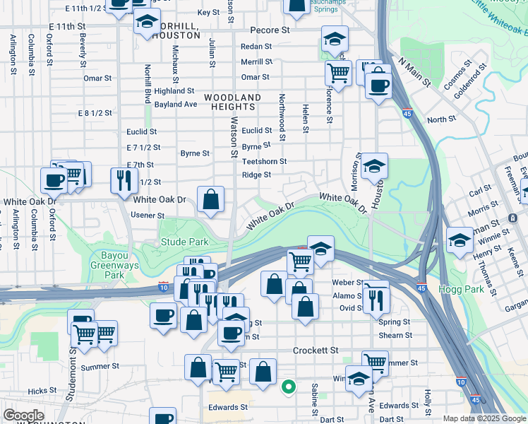 map of restaurants, bars, coffee shops, grocery stores, and more near 2008 White Oak Drive in Houston