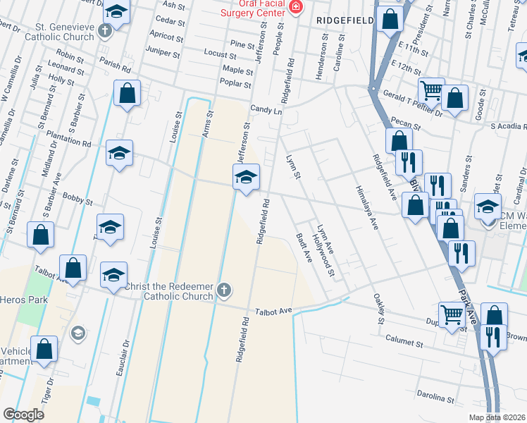 map of restaurants, bars, coffee shops, grocery stores, and more near 1713 Ridgefield Road in Thibodaux