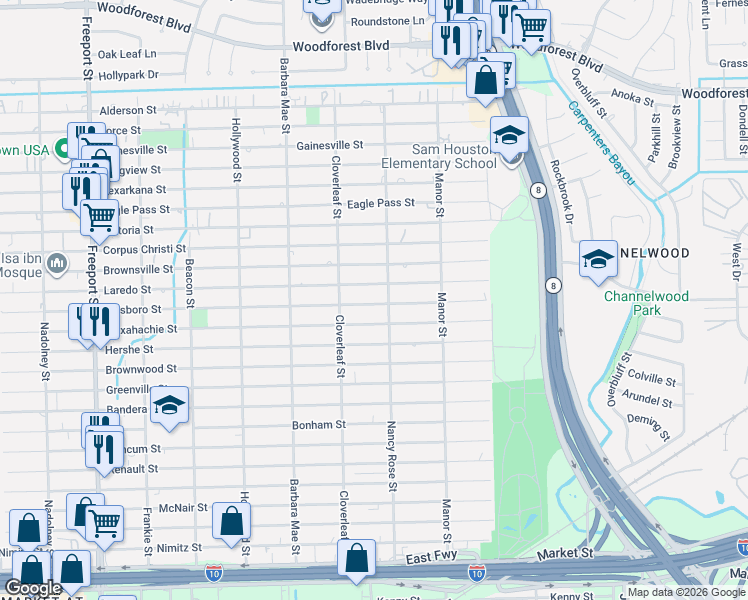 map of restaurants, bars, coffee shops, grocery stores, and more near 14435 Hillsboro Street in Houston
