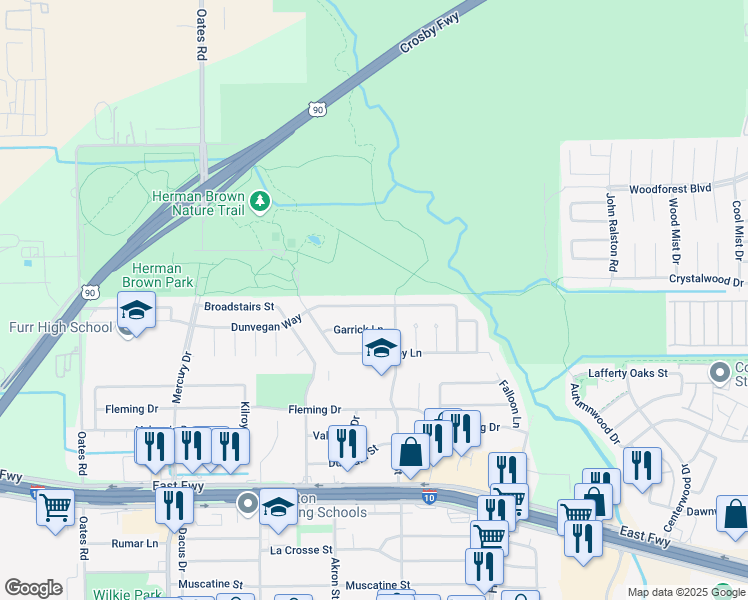 map of restaurants, bars, coffee shops, grocery stores, and more near 10719 Dunvegan Way in Houston