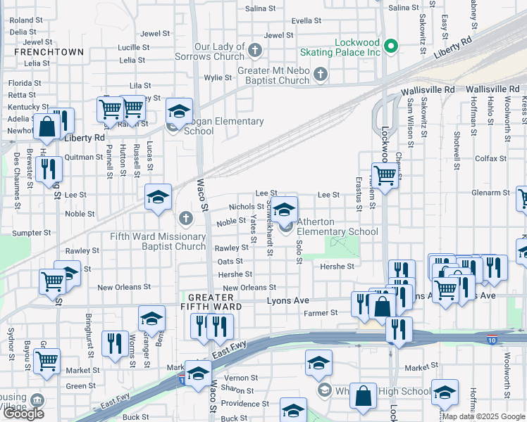 map of restaurants, bars, coffee shops, grocery stores, and more near 4616 Nichols Street in Houston
