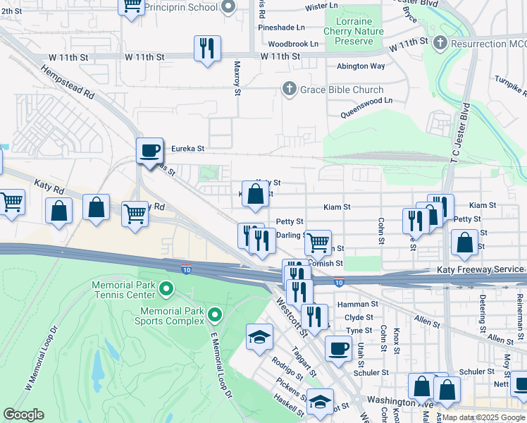 map of restaurants, bars, coffee shops, grocery stores, and more near 5853 Kiam Street in Houston