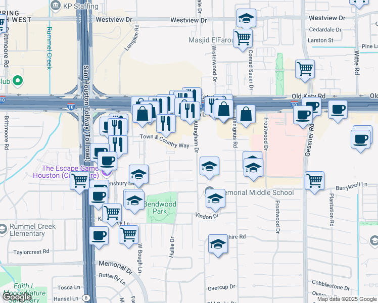 map of restaurants, bars, coffee shops, grocery stores, and more near 10409 Town and Country Way in Houston