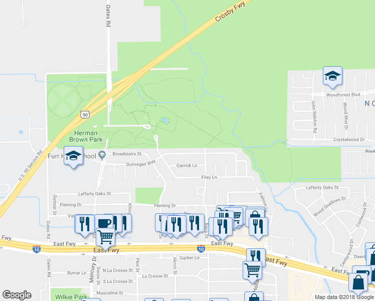 map of restaurants, bars, coffee shops, grocery stores, and more near 10719 Dunvegan Way in Houston