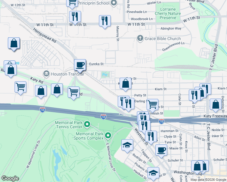 map of restaurants, bars, coffee shops, grocery stores, and more near 6001 Kiam Street in Houston