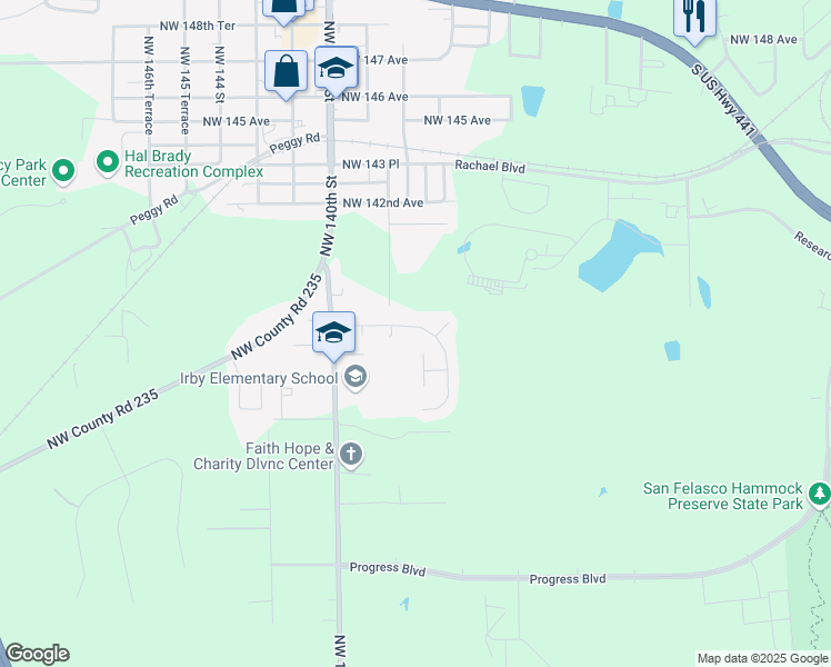 map of restaurants, bars, coffee shops, grocery stores, and more near 13615 NW 137th Pl in Alachua