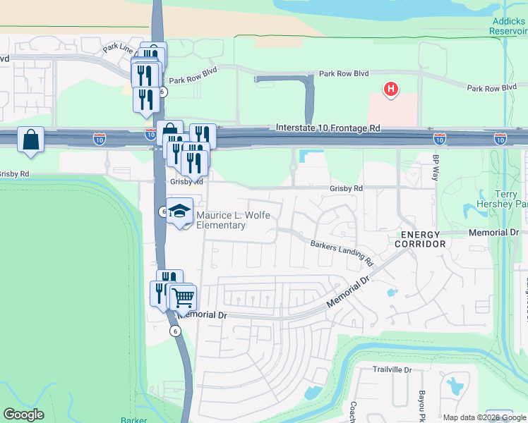 map of restaurants, bars, coffee shops, grocery stores, and more near 15822 North Barkers Landing Road in Houston