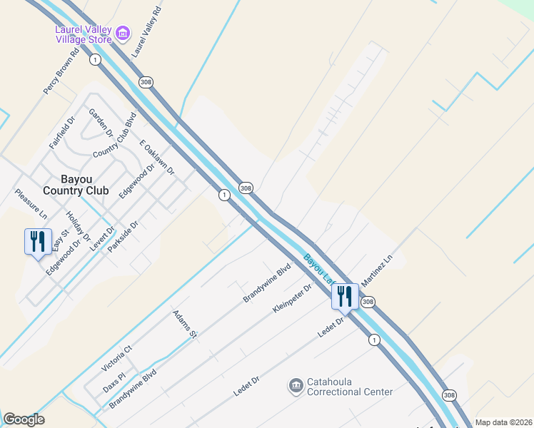 map of restaurants, bars, coffee shops, grocery stores, and more near 664 Louisiana 308 in Thibodaux