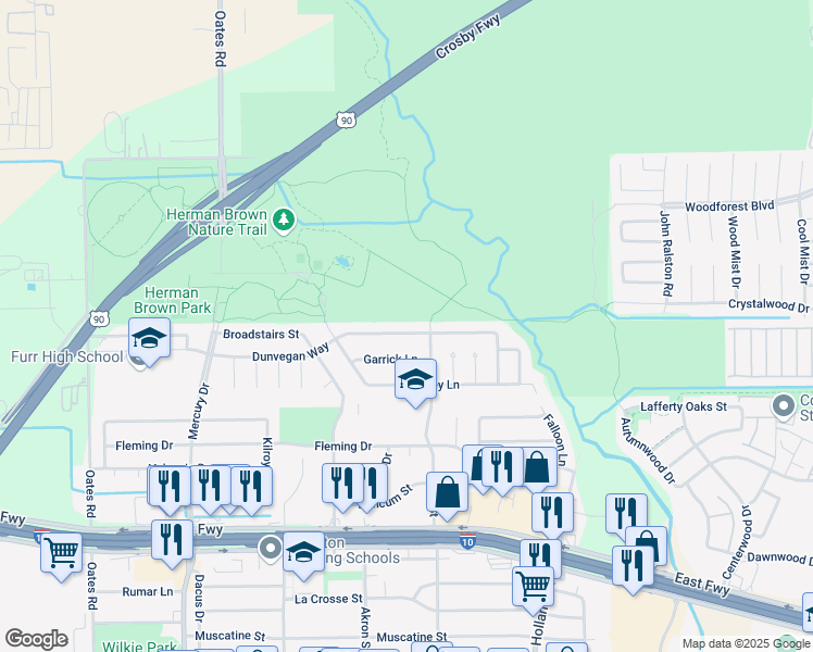 map of restaurants, bars, coffee shops, grocery stores, and more near 10719 Dunvegan Way in Houston