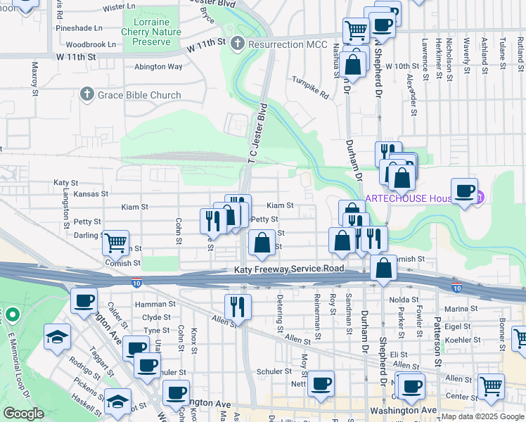 map of restaurants, bars, coffee shops, grocery stores, and more near 5315 Kiam Street in Houston
