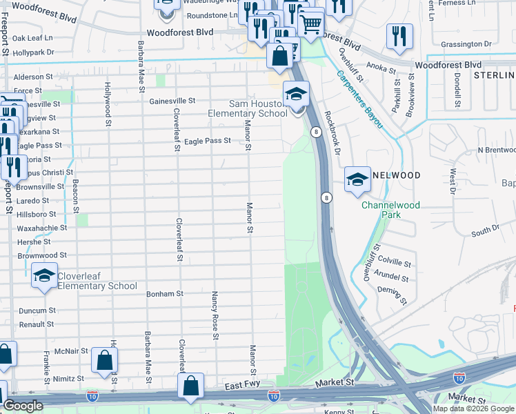 map of restaurants, bars, coffee shops, grocery stores, and more near 14607 Hillsboro Street in Houston