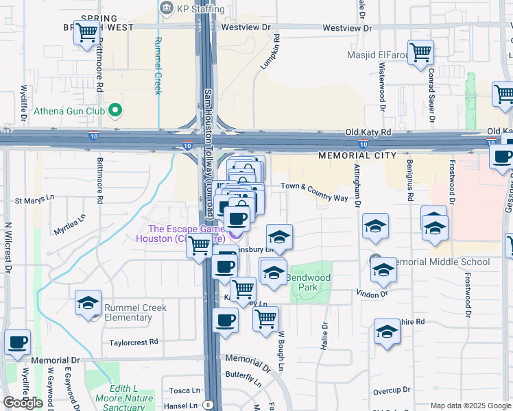 map of restaurants, bars, coffee shops, grocery stores, and more near 815 Town & Country Lane in Houston