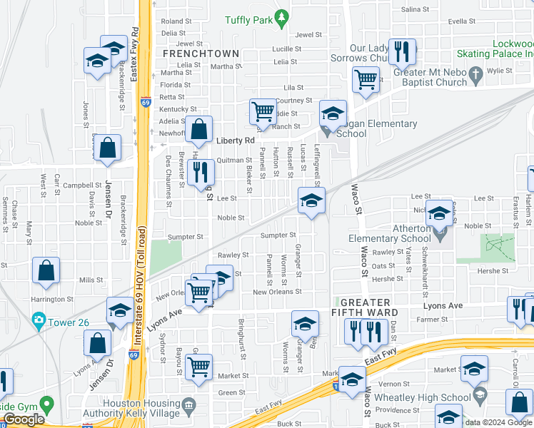 map of restaurants, bars, coffee shops, grocery stores, and more near 2102 Pannell Street in Houston