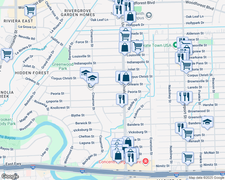 map of restaurants, bars, coffee shops, grocery stores, and more near 13355 Peoria Street in Houston