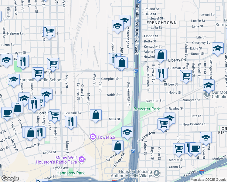 map of restaurants, bars, coffee shops, grocery stores, and more near 2109 Davis Street in Houston