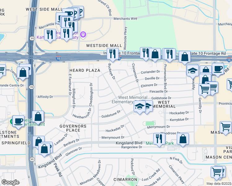 map of restaurants, bars, coffee shops, grocery stores, and more near 227 Concordia Drive in Katy