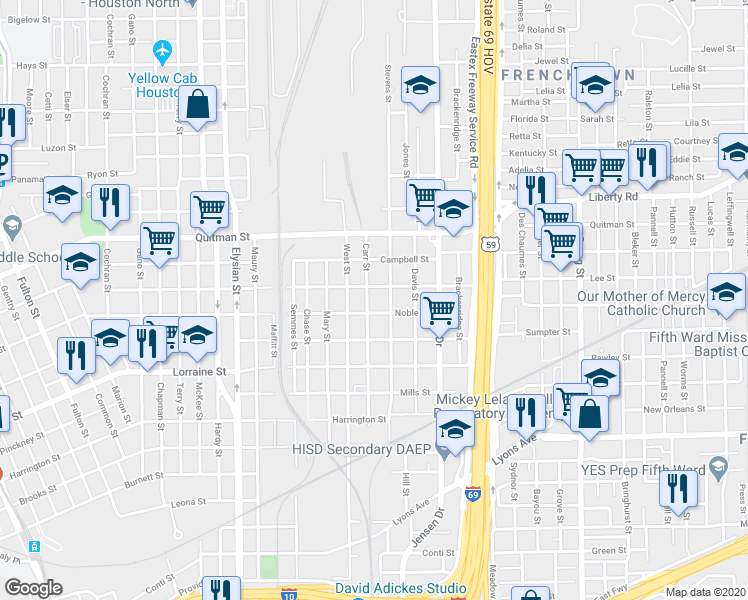 map of restaurants, bars, coffee shops, grocery stores, and more near 2106 Carr Street in Houston