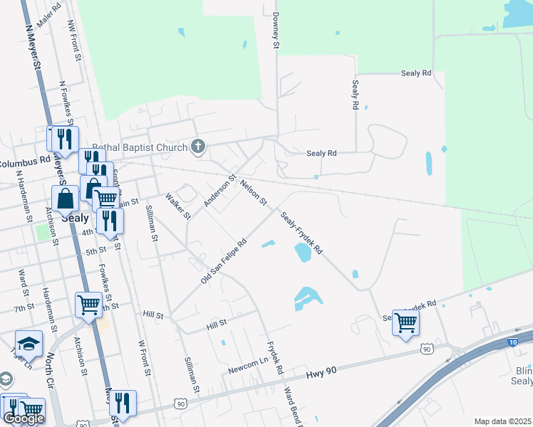 map of restaurants, bars, coffee shops, grocery stores, and more near 823 Nelson Street in Sealy