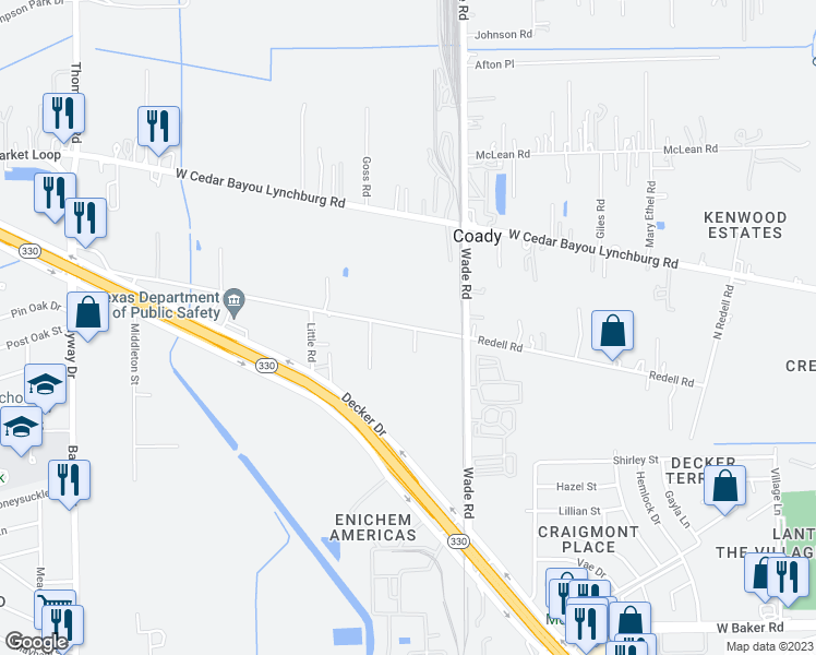 map of restaurants, bars, coffee shops, grocery stores, and more near 4915 Redell Road in Baytown