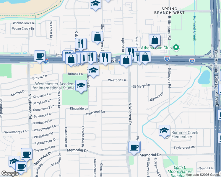 map of restaurants, bars, coffee shops, grocery stores, and more near 13503 Saint Marys Lane in Houston
