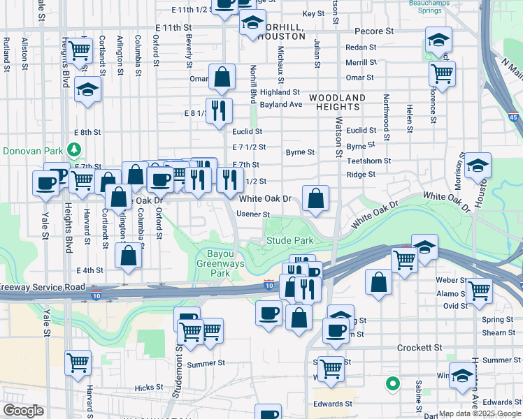 map of restaurants, bars, coffee shops, grocery stores, and more near 1015 Usener Street in Houston