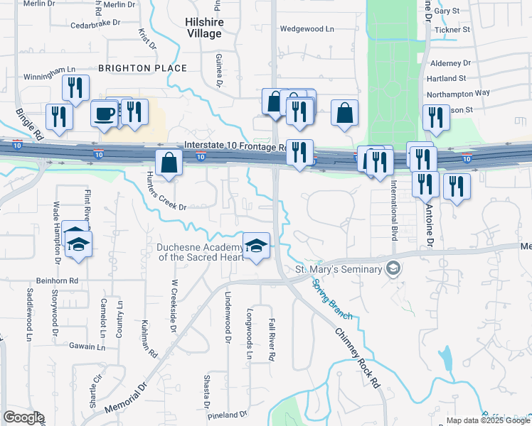 map of restaurants, bars, coffee shops, grocery stores, and more near 8228 Kingsbrook Road in Houston