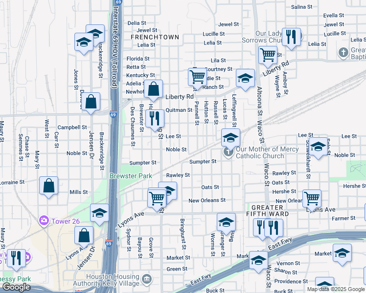 map of restaurants, bars, coffee shops, grocery stores, and more near 2106 Bringhurst Street in Houston