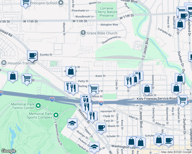 map of restaurants, bars, coffee shops, grocery stores, and more near 5721 Kiam Street in Houston