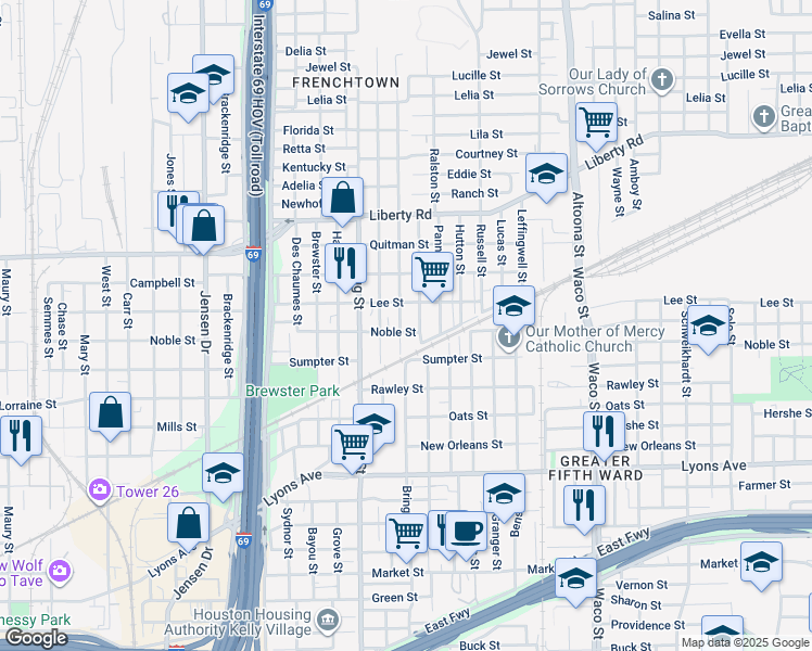 map of restaurants, bars, coffee shops, grocery stores, and more near 2106 Bringhurst Street in Houston