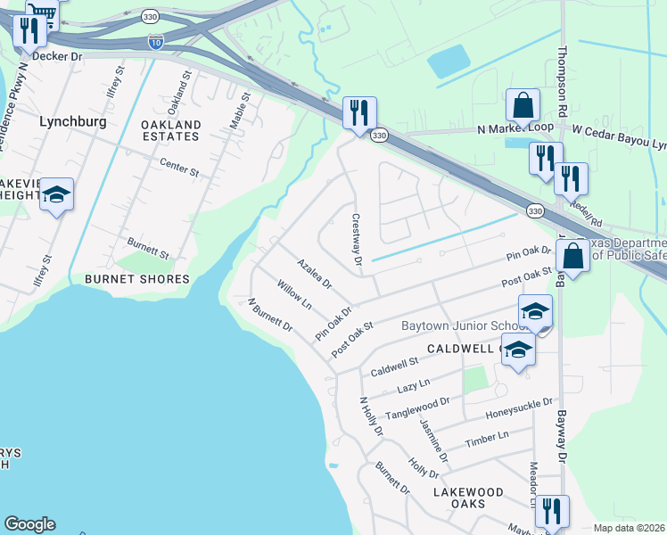 map of restaurants, bars, coffee shops, grocery stores, and more near 412 Rollingwood Street in Baytown
