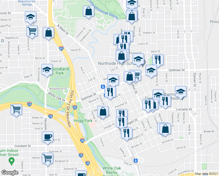 map of restaurants, bars, coffee shops, grocery stores, and more near 2301 Freeman Street in Houston