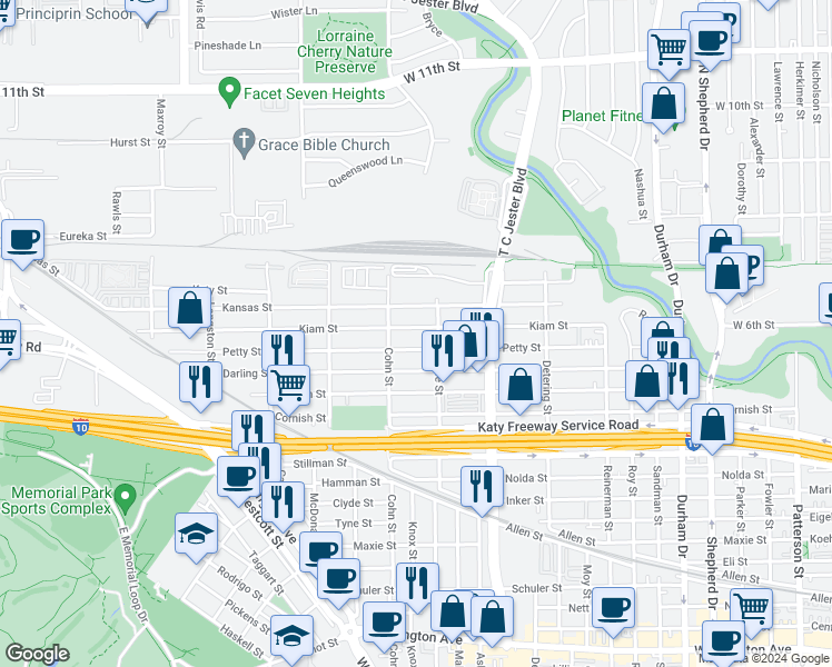 map of restaurants, bars, coffee shops, grocery stores, and more near 5519 Kiam Street in Houston