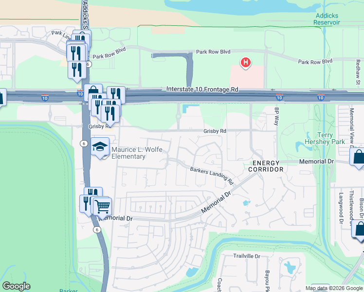 map of restaurants, bars, coffee shops, grocery stores, and more near 403 Sandy Bluff in Houston