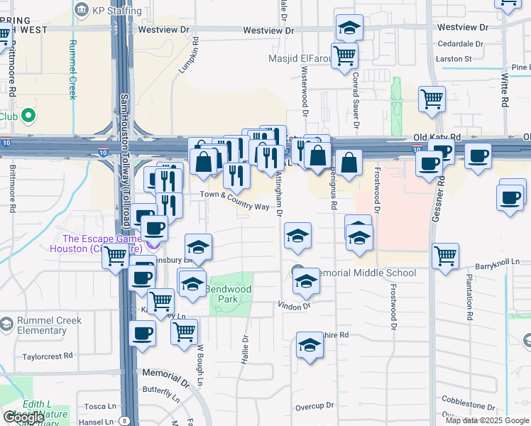 map of restaurants, bars, coffee shops, grocery stores, and more near 10409 Town and Country Way in Houston
