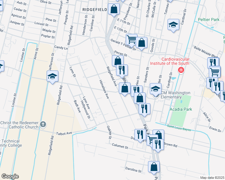 map of restaurants, bars, coffee shops, grocery stores, and more near 213 Plantation Road in Thibodaux