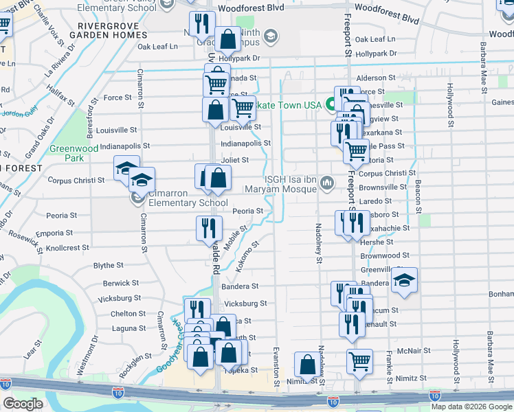 map of restaurants, bars, coffee shops, grocery stores, and more near 13509 Peoria Street in Houston