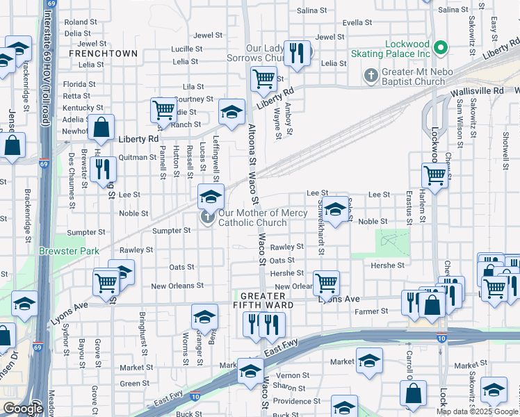 map of restaurants, bars, coffee shops, grocery stores, and more near 2302 Waco Street in Houston